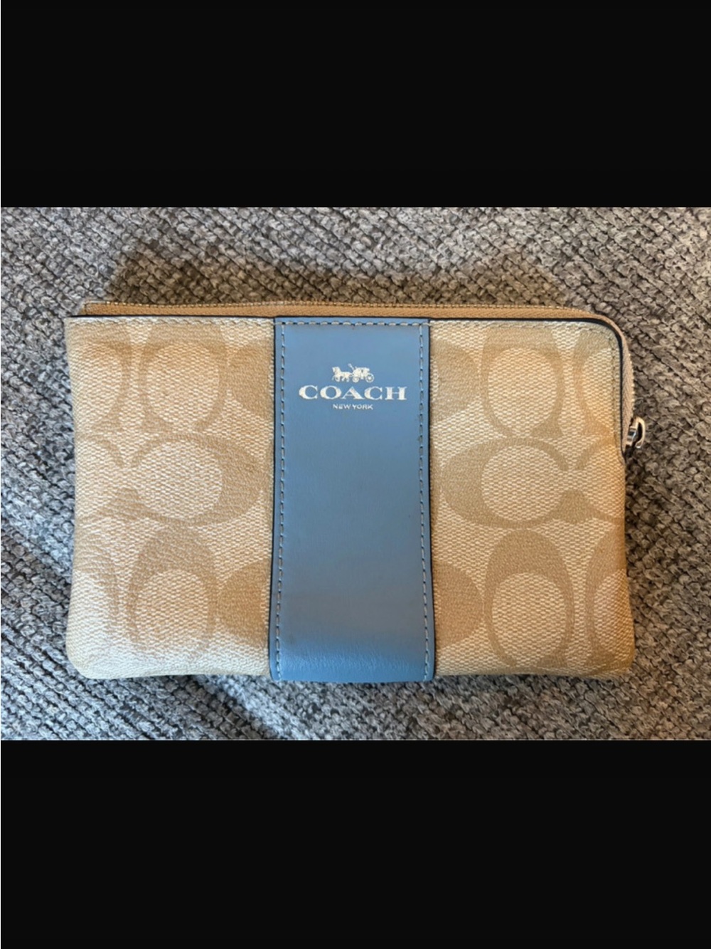 Coach Tan Signature Canvas Cosmetic Pouch with Blue Center Panel